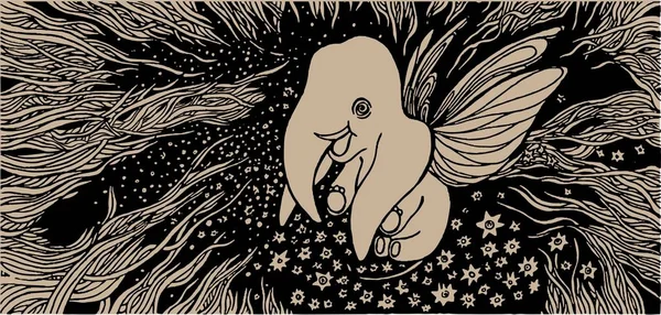 Elefante bebé lindo dibujado a mano con alas sobre fondo oscuro (vector ) — Vector de stock
