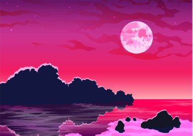Ay ile romantik akşam deniz manzarası (vektör)