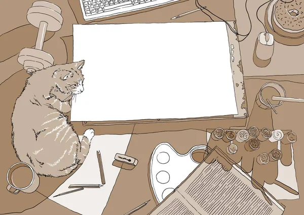 Kedi ile üst görünümünde Ressam işyeri - vektör