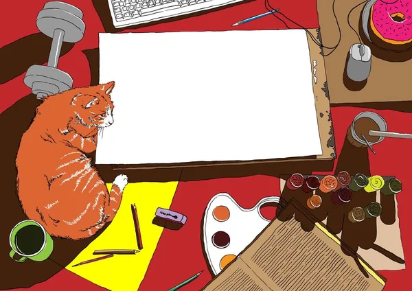 Lugar de trabajo del pintor en vista superior con gato rojo - vector — Archivo Imágenes Vectoriales