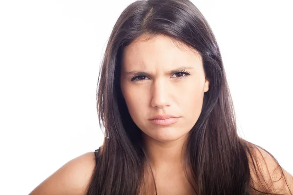 Angry woman knitting brows — Stock Photo, Image