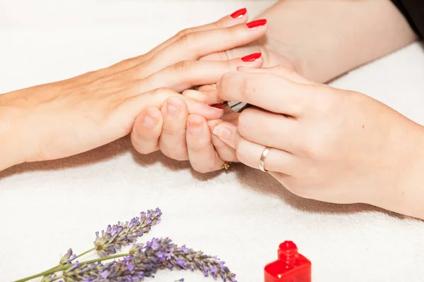 Maniküre legt Nagellack auf die Hand — Stockfoto