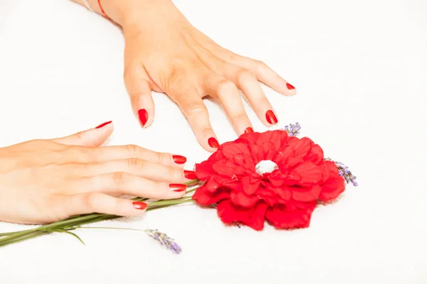 Manos femeninas con esmalte de uñas rojo —  Fotos de Stock