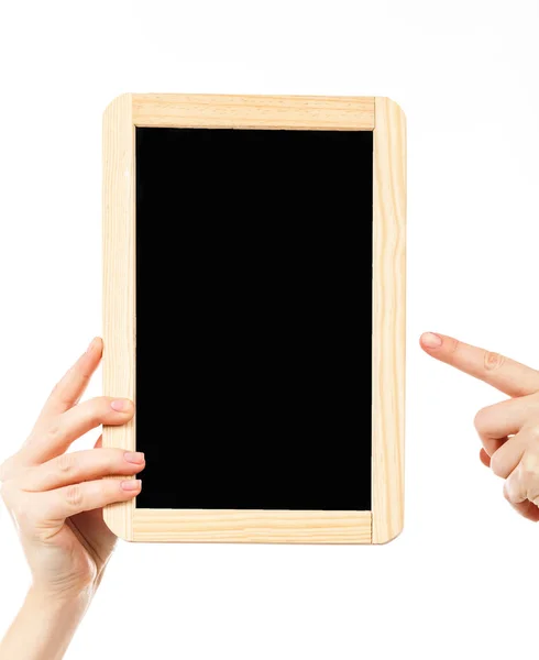 Female hand holding blackboard — Stock Photo, Image