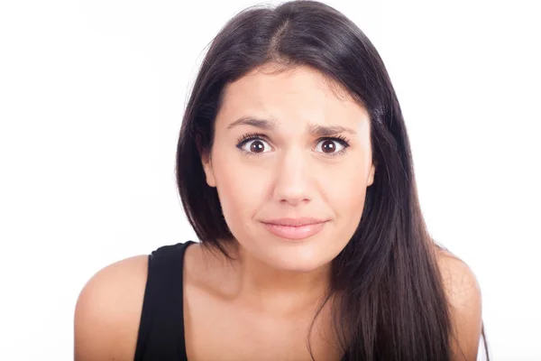 Closeup Portret Van Jonge Vrij Verrast Vrouw Geïsoleerd Witte Achtergrond — Stockfoto