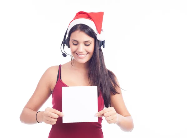 Portret Pięknej Kobiety Uśmiechający Się Noszenie Zestawu Słuchawkowego Santa Boże — Zdjęcie stockowe