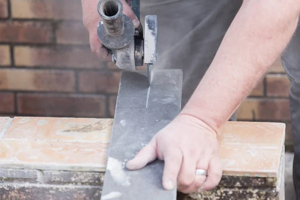 Tiler Cutting Tile Grinder Construction Site — Stock Photo, Image