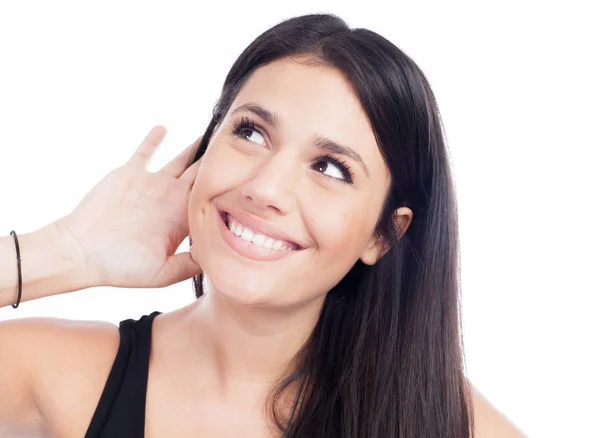 Joven Feliz Mujer Tratando Escuchar Algo — Foto de Stock