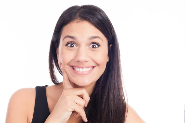Piękna Uśmiechnięta Kobieta Czystą Skórą Naturalnym Makijażem Białymi Zębami Białym — Zdjęcie stockowe