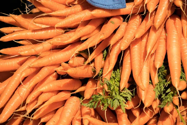 Vista Cerca Racimos Zanahorias Frescas Puesto Mercado — Foto de Stock