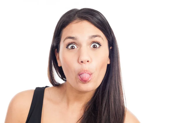 Portrait Happy Young Brunette Woman Laughing Pulling Her Tongue — Stock Photo, Image