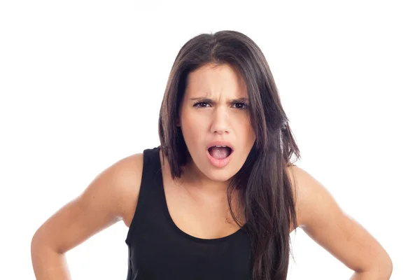 Portret Wściekłej Młodej Brunetki Krzyczącej — Zdjęcie stockowe