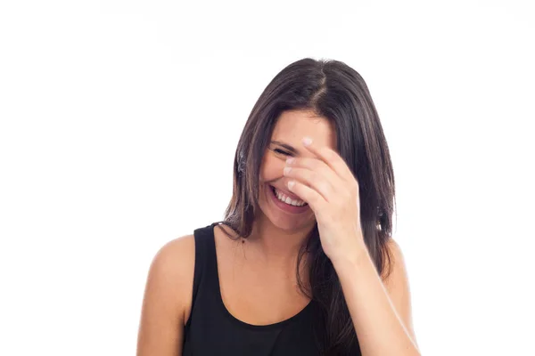 Retrato Una Joven Morena Feliz Riendo — Foto de Stock