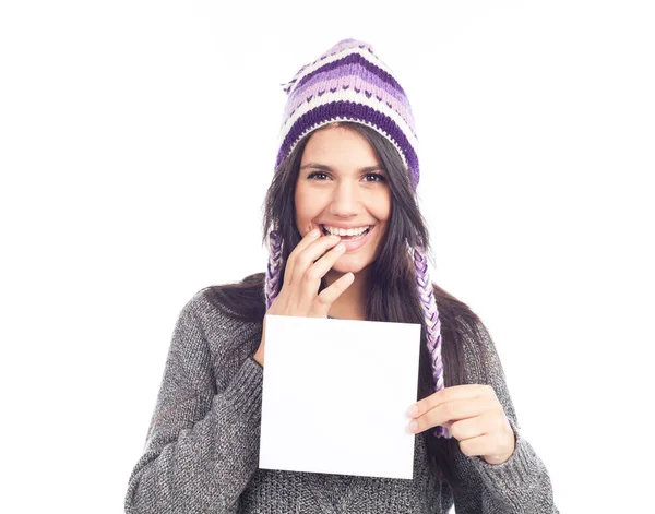 Ritratto Giovane Donna Con Maglione Cappello Peruviano Lana Con Cartello — Foto Stock