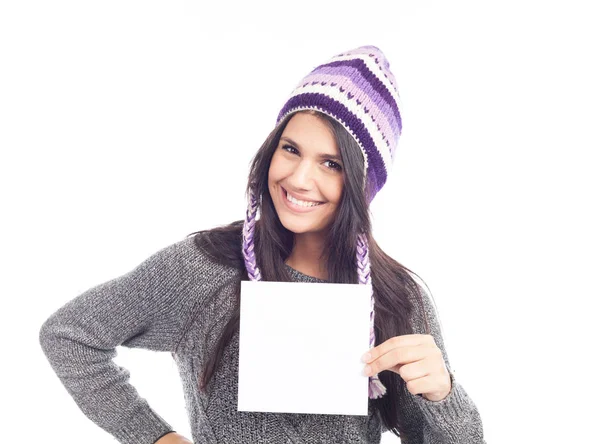 Portrait Young Woman Sweater Peruvian Hat Woolen Holding Sign Card — Stock Photo, Image