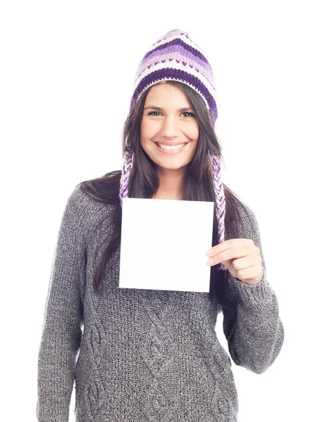 Ritratto Giovane Donna Con Maglione Cappello Peruviano Lana Con Cartello — Foto Stock