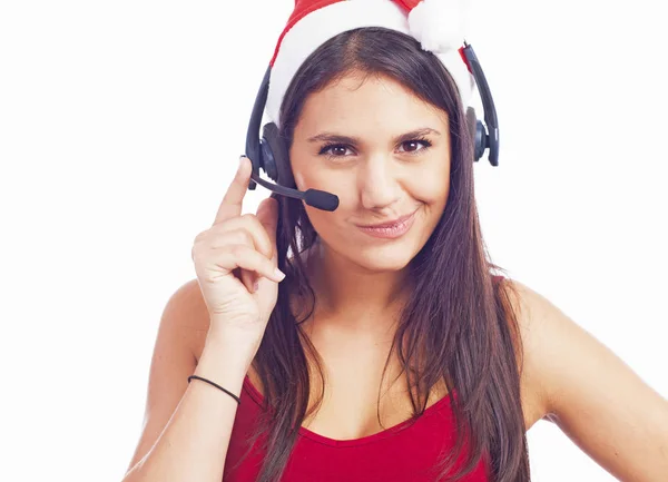 Vánoční Sluchátka Žena Telemarketingového Call Centra Sobě Červené Santa Klobouk — Stock fotografie