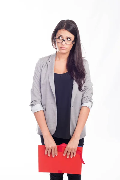 Piękna Młoda Bizneswoman Czerwonym Folderem Patrząc Bok — Zdjęcie stockowe