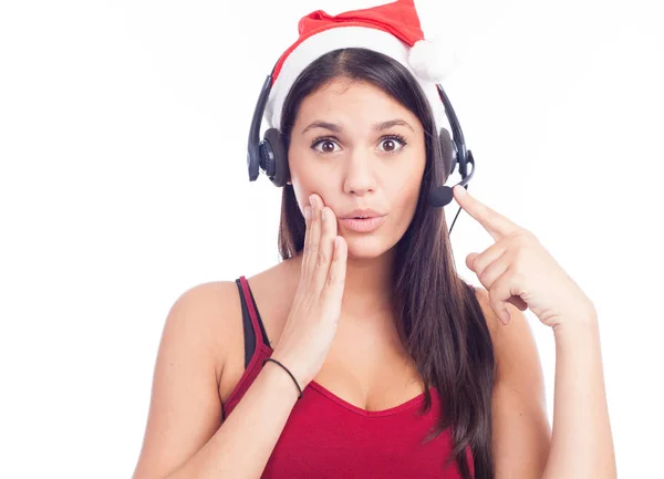 Boże Narodzenie słuchawki kobieta z telemarketingu call center noszenie r — Zdjęcie stockowe