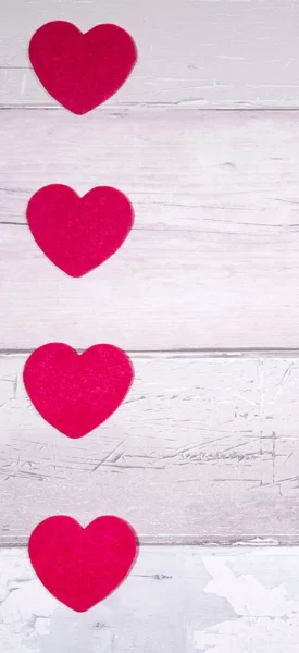 Red Felt Hearts Background Old Wooden Planks Resembling Old Parquet — Stock Photo, Image