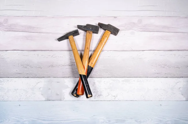 Set Different Types Hammers Wooden Background Top View — Stock Photo, Image