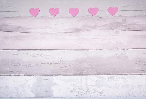 Pink Felt Hearts Background Old Wooden Planks Resembling Old Parquet — Stock Photo, Image