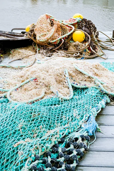 Blue Fishing Net Pontoon Its Ropes Floats Covered Morning Frost — Stock Photo, Image