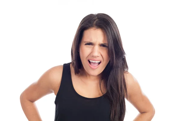 Portrét Rozzlobené Mladé Brunetky Žena Křičí — Stock fotografie