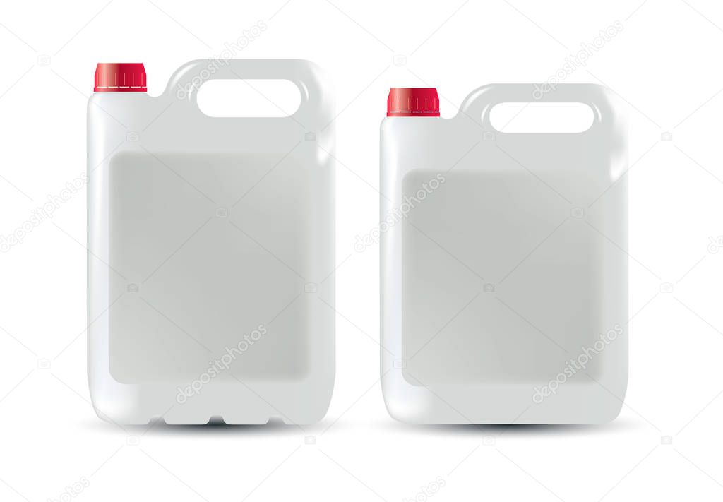 Vector drawing. White polymer canister with red lid for liquids.