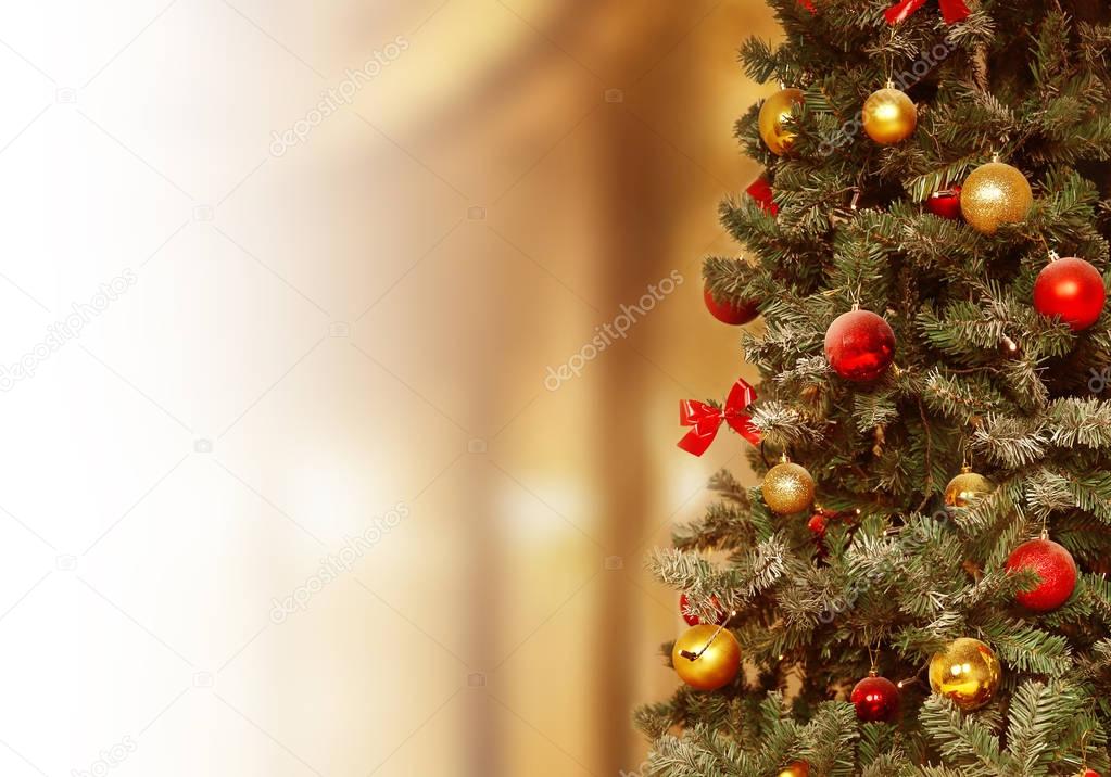 Christmas tree, gifts background. December, winter holiday