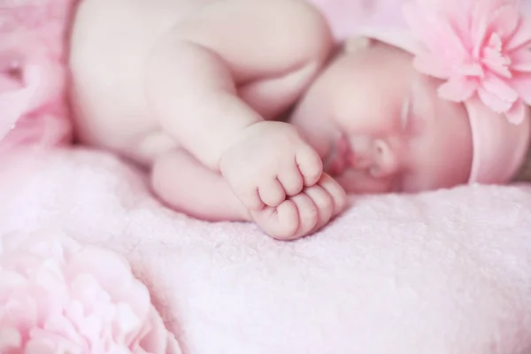 Portrait of adorable sleeping baby girl over pink, infant child. — Stock Photo, Image