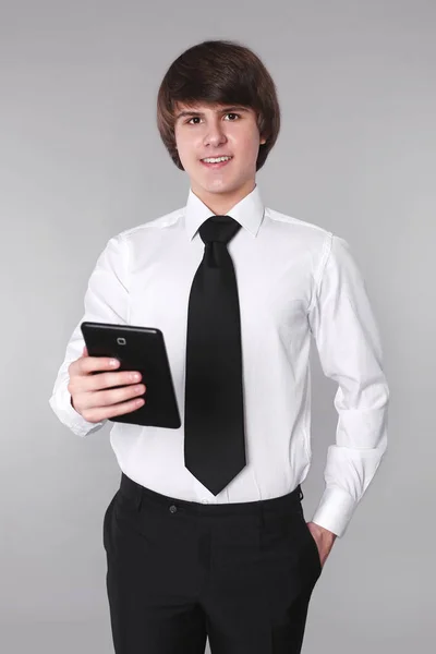 Business man holding smart phone. Confident handsome student smi — Stock Photo, Image