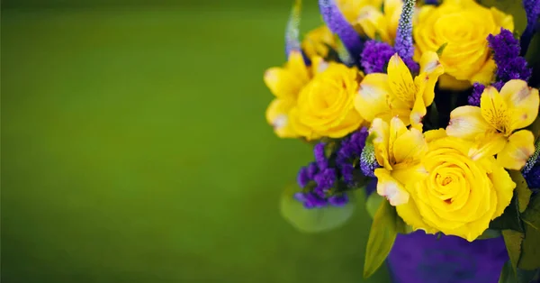 Rosas buquê de presente de flor close up, cartão de saudação amarelo viol — Fotografia de Stock