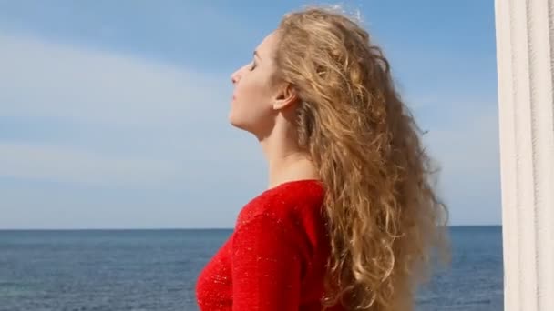 Close up portrait of woman running hand through curly hair blowing in wind by sea on beach. Happy female over blue sky. — Stock Video