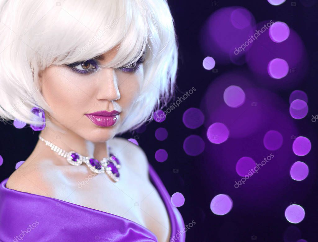 Beauty makeup Portrait Woman. Fashion Bob Blond Girl. White Shor