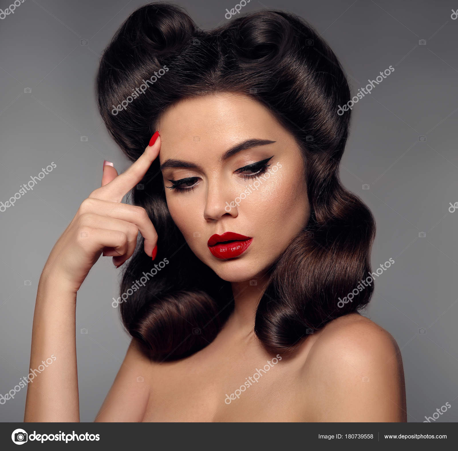 Nostalgia Pin Up Girl With Red Lips Makeup And Retro Curls Hair