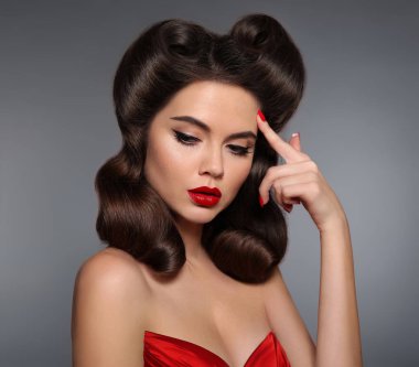 Nostalgia. Pin up girl with red lips makeup and retro curls hair clipart