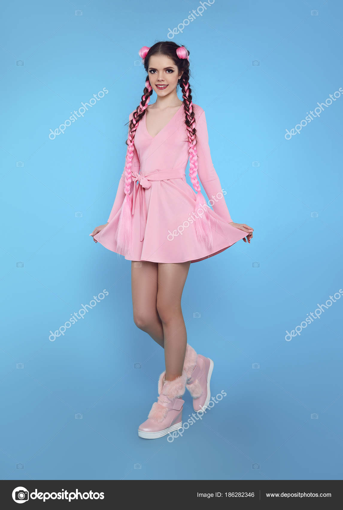 Pretty Teen Girl With Two French Braids From Pink Kanekalon
