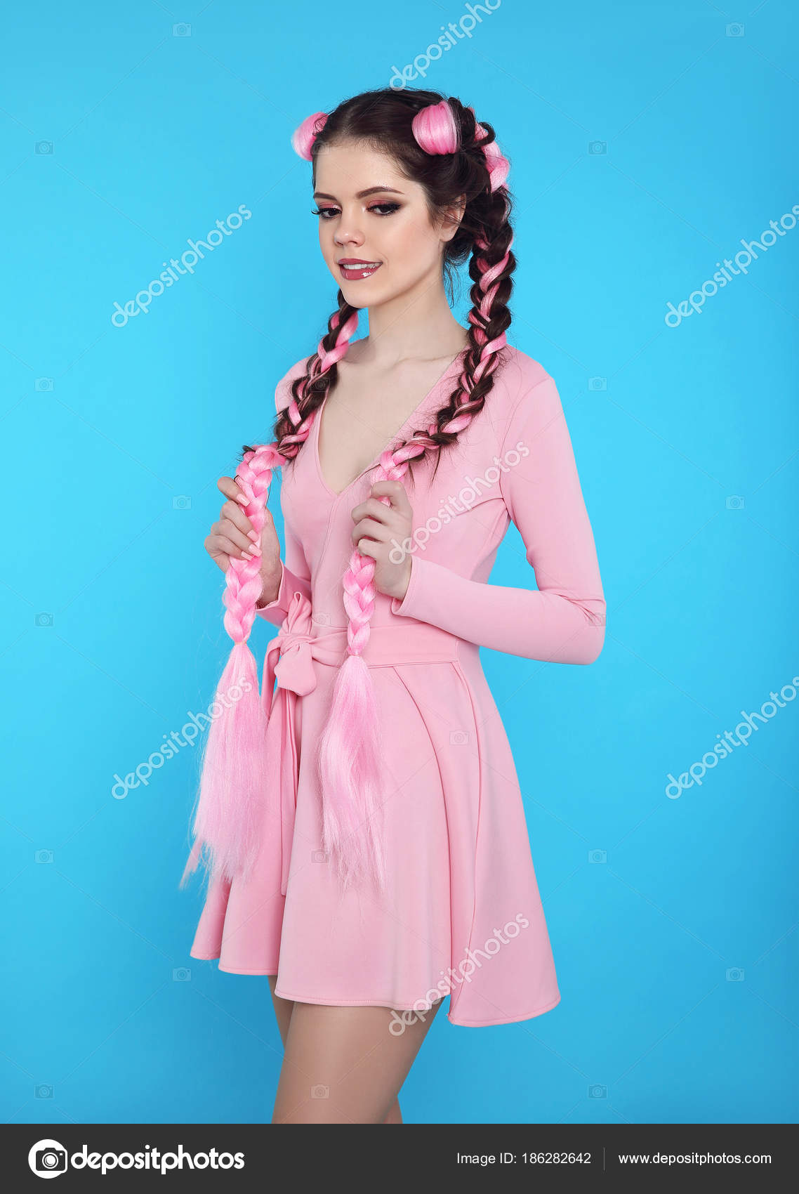 Pretty Teen Girl With Two French Braids From Pink Kanekalon