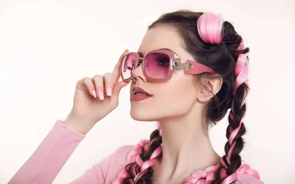 Brunette teen girl with two french braids from pink kanekalon, f — Stock Photo, Image