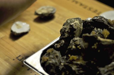 Kapalı ve bir tabak bir woode bir arka plan üzerinde istiridye açık