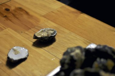 Kapalı ve bir tabak bir woode bir arka plan üzerinde istiridye açık