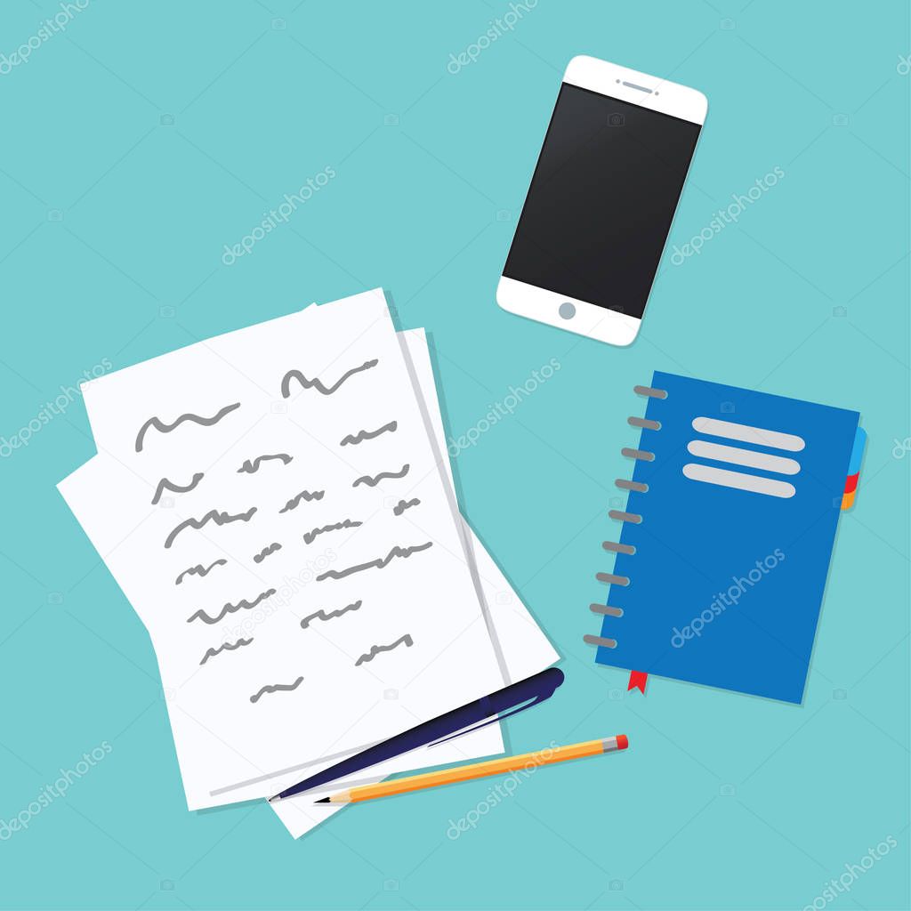 Paper sheet with abstract text under work desk vector illustrati