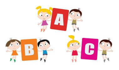 Çizgi film çocuk elinde renkli harflerle.