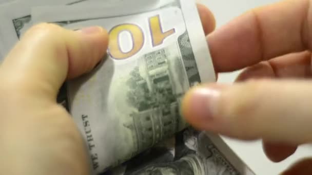Dinheiro Dinheiro Dólares Contar Mãos Pagar Sorte Clouse Fundo Branco — Vídeo de Stock