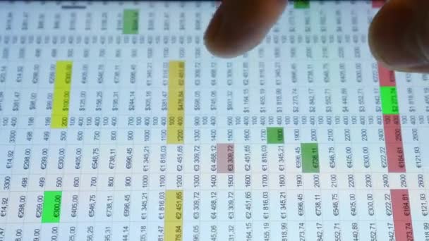 Рука Палець Працює Сенсорним Екраном Телефону Таблиця Фінанси Валюта Крупним — стокове відео