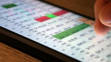 El (parmak) telefon ekranı ile çalışır. Finansal ve ekonomik tablolarla çalışmak. Kavram. Masa, finans, para. Makro görünümü kapat.