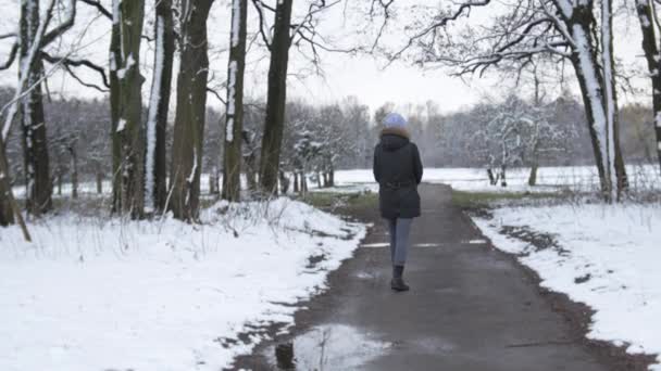 Lány Séta Erdőben Park Felhős Tavaszi Időjárás — Stock videók