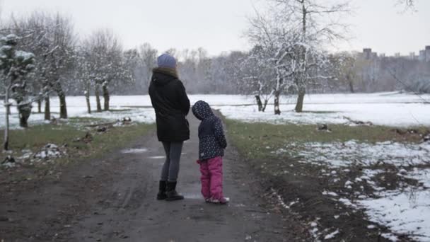 妈妈带着一个女儿在春云密布的公园里雪地里散步 — 图库视频影像