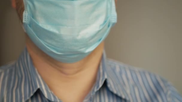 Sad Man Virus Covid Mask His Face Antivirus Protection Taking — Stock Video